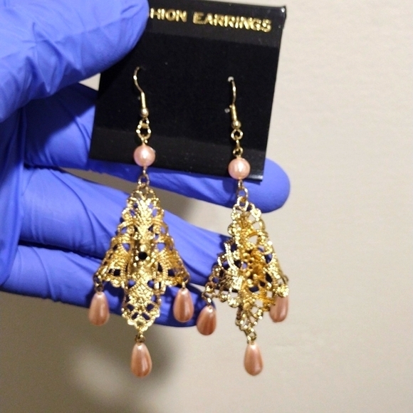 Women's Gold-tone Filigree Design 3.5" Long Beaded Drop Dangle Earrings, #6 - Picture 1 of 5